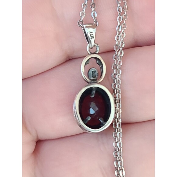 925 Sterling Silver Garnet Pendant Necklace Vintage - Picture 4 of 10